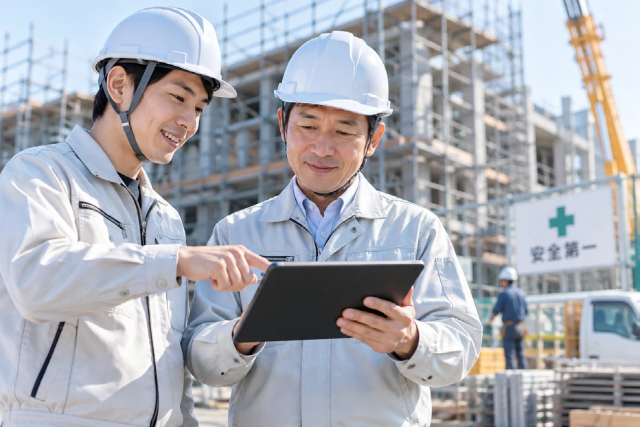 現場で情報を共有する建設作業員