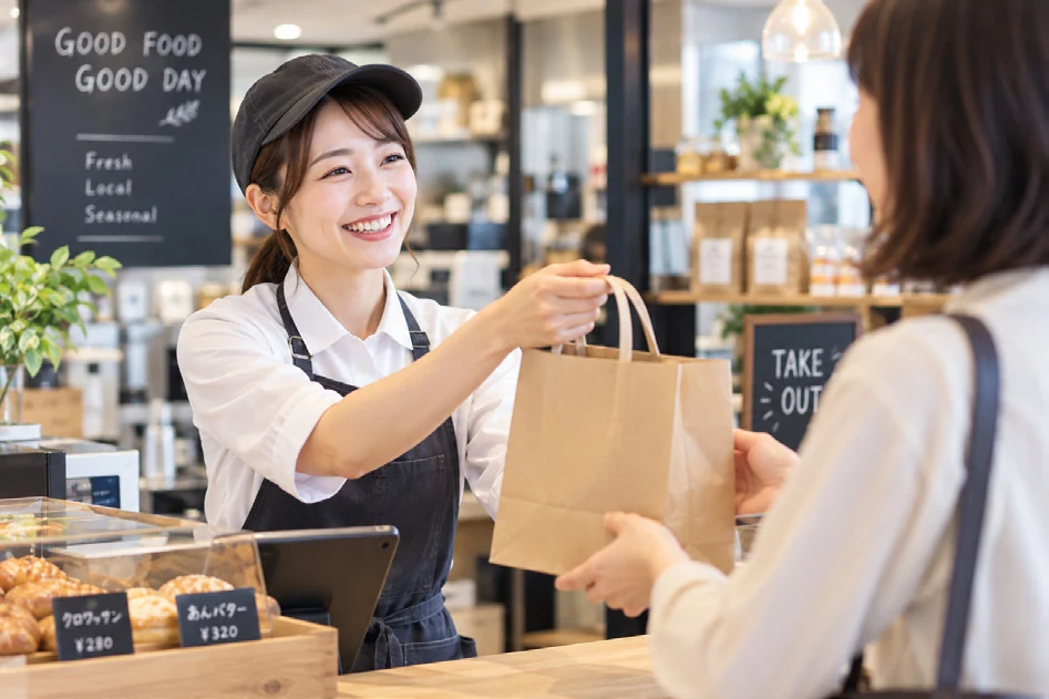 商品を手渡す店舗スタッフ